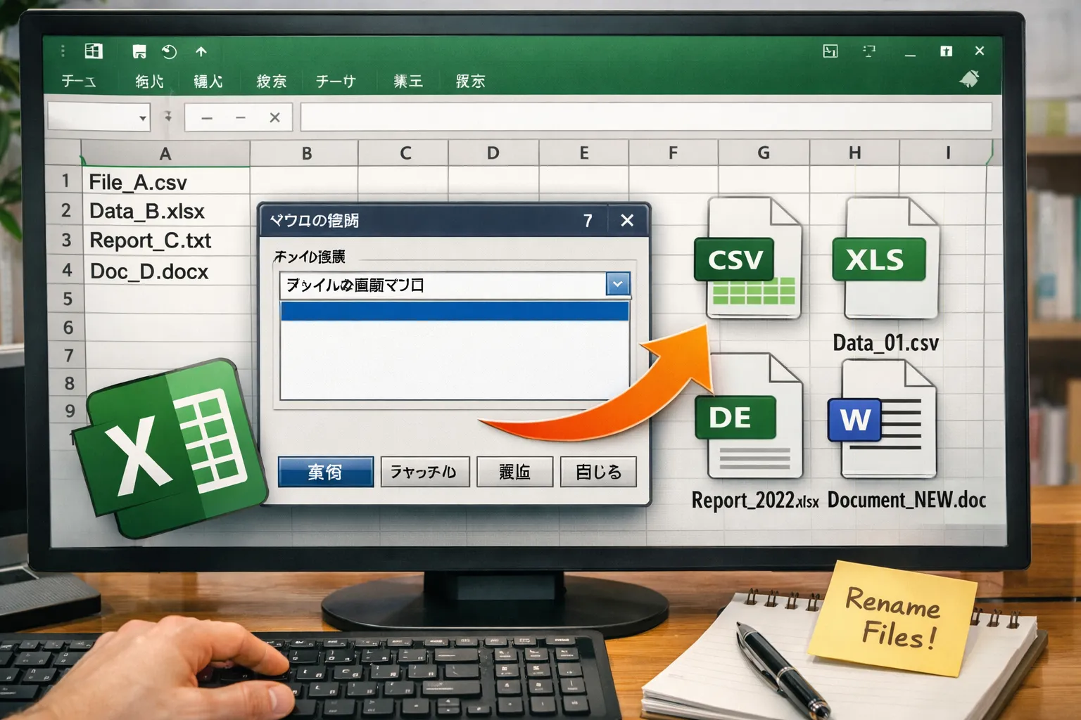 Excelでファイル名を一括変更する解説の図解